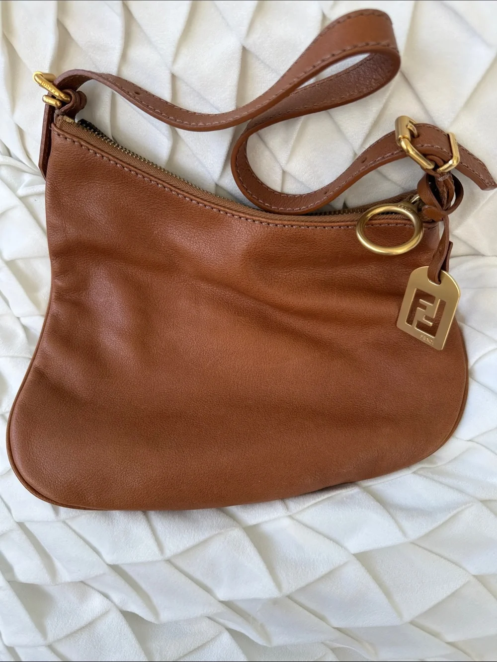 Fendi Vintage Small Leather Oyster Bag  in Cognac Brown